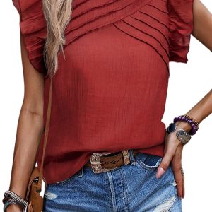 Women's Red Dahlia Solid Color Pleated Detail Ruffle Short Sleeve Blouse - Main View