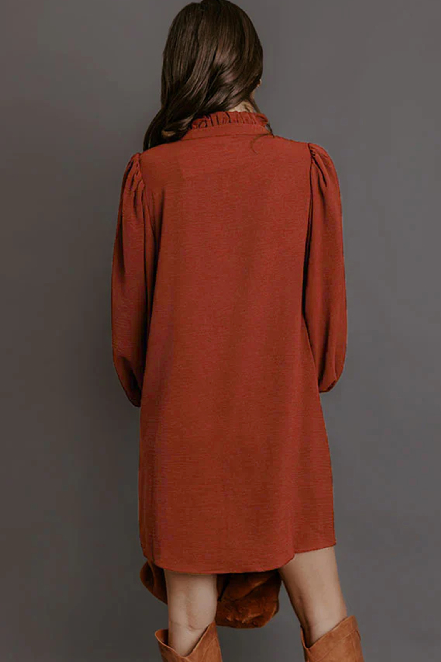Casual Coffee Shift Dress, Long Sleeve Daily Autumn Dress - Detail View 6 Casual Coffee Shift Dress, Long Sleeve Daily Autumn Dress - Detail View 6