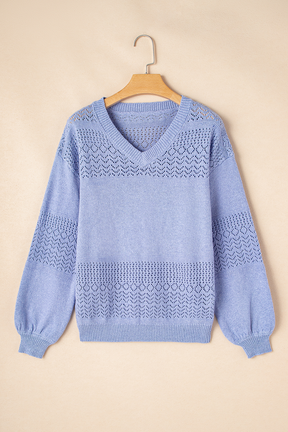Women's Sweater, Sky Blue, V Neck, Drop Shoulder, Eyelet Pattern, Casual Style, Long Sleeve, Solid Color, Sophisticated Design, Trendy, Comfortable, Daily Wear, Fall Fashion, Sweaters & Cardigans - Detail View 8 Women's Sweater, Sky Blue, V Neck, Drop Shoulder, Eyelet Pattern, Casual Style, Long Sleeve, Solid Color, Sophisticated Design, Trendy, Comfortable, Daily Wear, Fall Fashion, Sweaters & Cardigans - Detail View 8