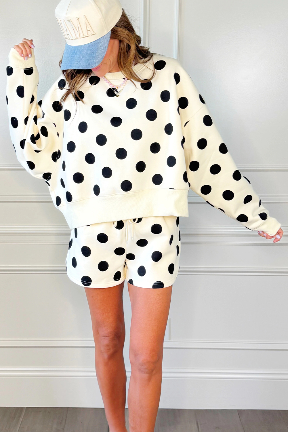 Stylish Women's Beige Polka Dot Pullover and Shorts Set – Perfect for Outdoor Adventures - Detail View 6 Stylish Women's Beige Polka Dot Pullover and Shorts Set – Perfect for Outdoor Adventures - Detail View 6