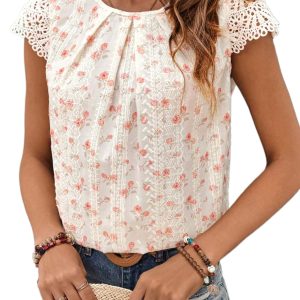 Women's Pink Floral Print Crochet Cap Sleeve Blouse with Embroidery Detail - Main View