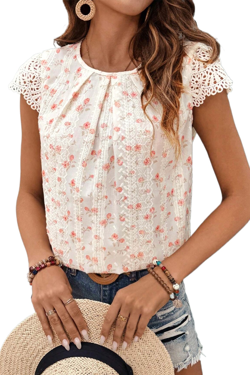 Women's Pink Floral Print Crochet Cap Sleeve Blouse with Embroidery Detail - Main View Women's Pink Floral Print Crochet Cap Sleeve Blouse with Embroidery Detail - Main View