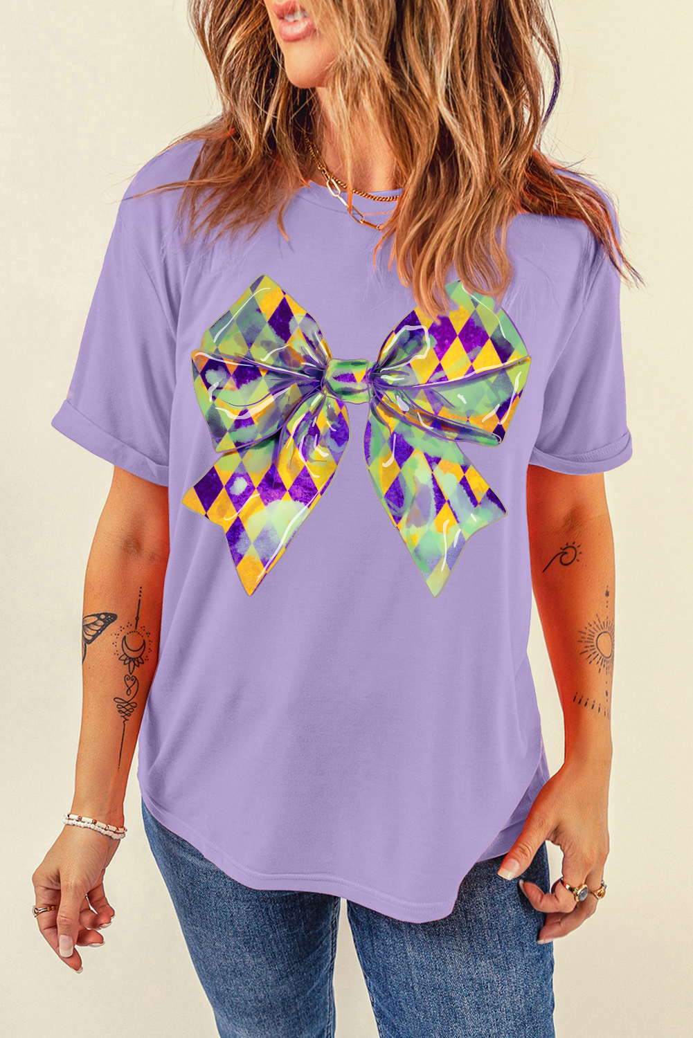 Women's T-Shirt, Wisteria Color, Mardi Gras, Bowknot Pattern, Crew Neck, Short Sleeve, Casual Style, Summer Fashion, Graphic Tee, Comfortable Fit, Festive Wear, Daily Outfit, Tops, Sheath Silhouette - Detail View 8 Women's T-Shirt, Wisteria Color, Mardi Gras, Bowknot Pattern, Crew Neck, Short Sleeve, Casual Style, Summer Fashion, Graphic Tee, Comfortable Fit, Festive Wear, Daily Outfit, Tops, Sheath Silhouette - Detail View 8