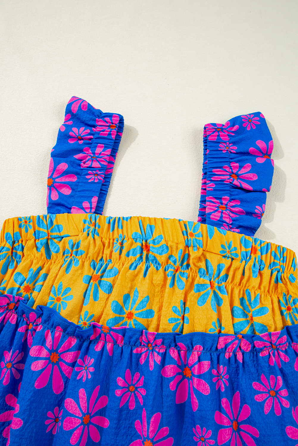 Women's Tank Top, Blue Floral, Colorblock, Flutter Straps, Casual, Summer Wear, Flowing Fit, Ruffled Design, Lightweight, Comfortable, Outdoor, Beach, Vacation, Daily Wear, Square Collar - Detail View 8 Women's Tank Top, Blue Floral, Colorblock, Flutter Straps, Casual, Summer Wear, Flowing Fit, Ruffled Design, Lightweight, Comfortable, Outdoor, Beach, Vacation, Daily Wear, Square Collar - Detail View 8