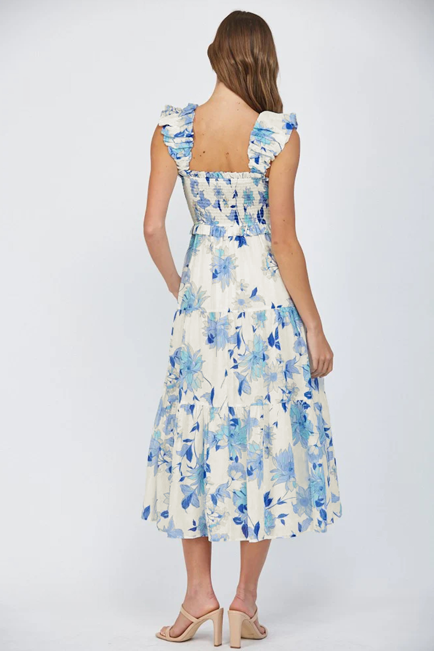 Southern Belle Floral Maxi Dress for Women – Ruffled Straps Smocked High Waist Long Dress, Sky Blue Summer Vacation Outfit - Detail View 2 Southern Belle Floral Maxi Dress for Women – Ruffled Straps Smocked High Waist Long Dress, Sky Blue Summer Vacation Outfit - Detail View 2