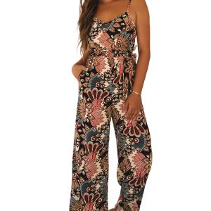 Women's Black Floral Print Belted Sleeveless Wide Leg Jumpsuit for Summer - Main View