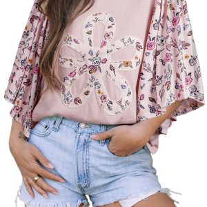 Women's Pink Floral Patchwork Blouse – Casual Half Sleeve Round Neck Shift Top - Main View