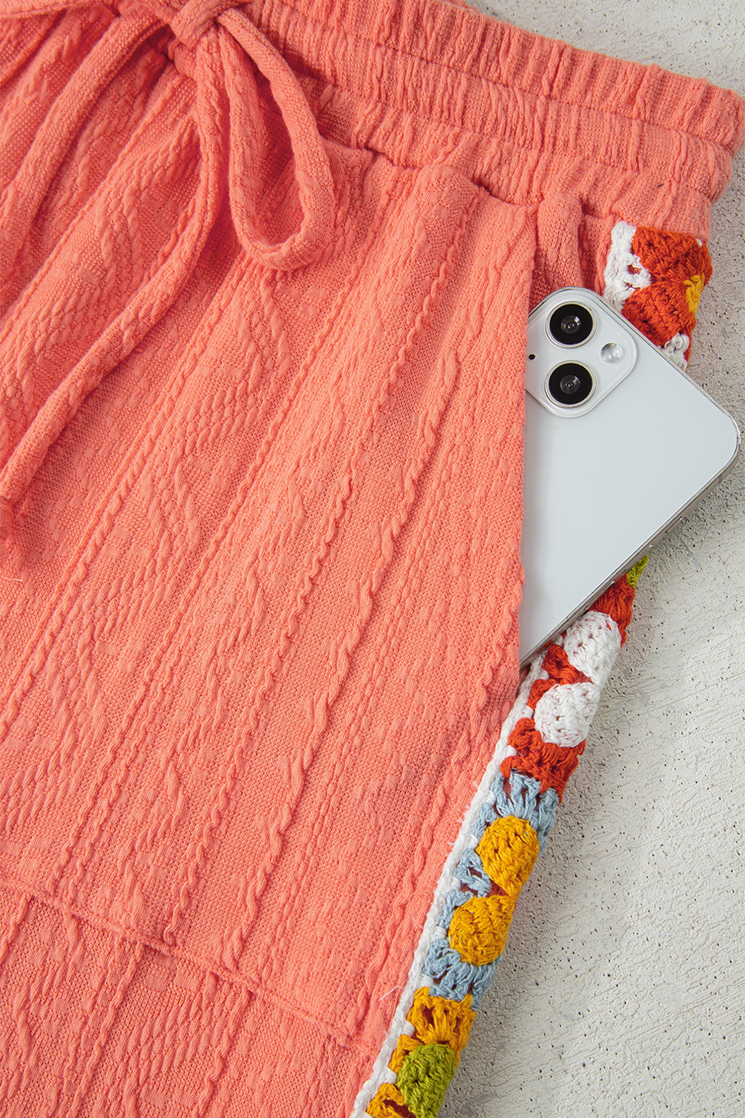 Women's Grapefruit Orange Crochet Floral V Neck Pants Set – Casual Spring & Summer Style - Detail View 10 Women's Grapefruit Orange Crochet Floral V Neck Pants Set – Casual Spring & Summer Style - Detail View 10