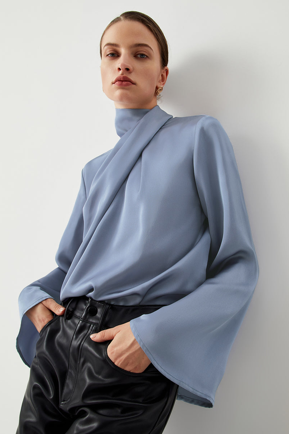 Sophisticated Mock Neck Blouse, Chic Drape Front Dressy Top - Detail View 5 Sophisticated Mock Neck Blouse, Chic Drape Front Dressy Top - Detail View 5