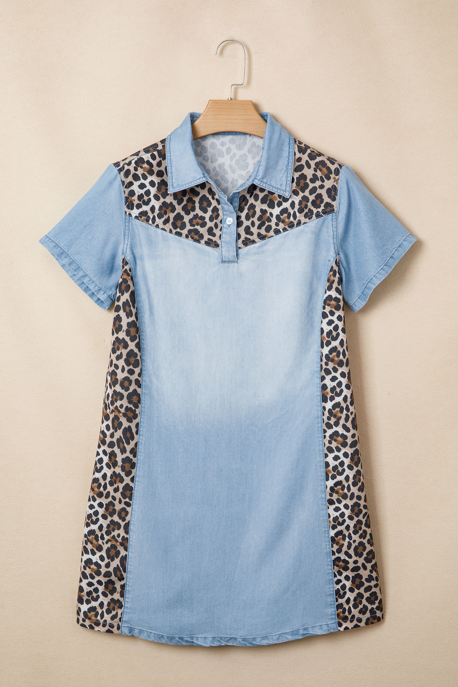Casual Leopard Patchwork Denim Shirt Dress – Short Sleeve Shift Mini Dress for Women, Summer Style - Detail View 5 Casual Leopard Patchwork Denim Shirt Dress – Short Sleeve Shift Mini Dress for Women, Summer Style - Detail View 5
