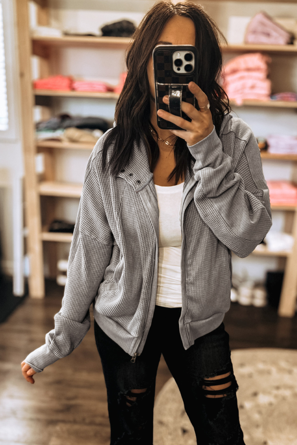 Women’s Gray Waffle Splicing Zip Up Hooded Jacket - Casual Long Sleeve Coat - Detail View 5 Women’s Gray Waffle Splicing Zip Up Hooded Jacket - Casual Long Sleeve Coat - Detail View 5