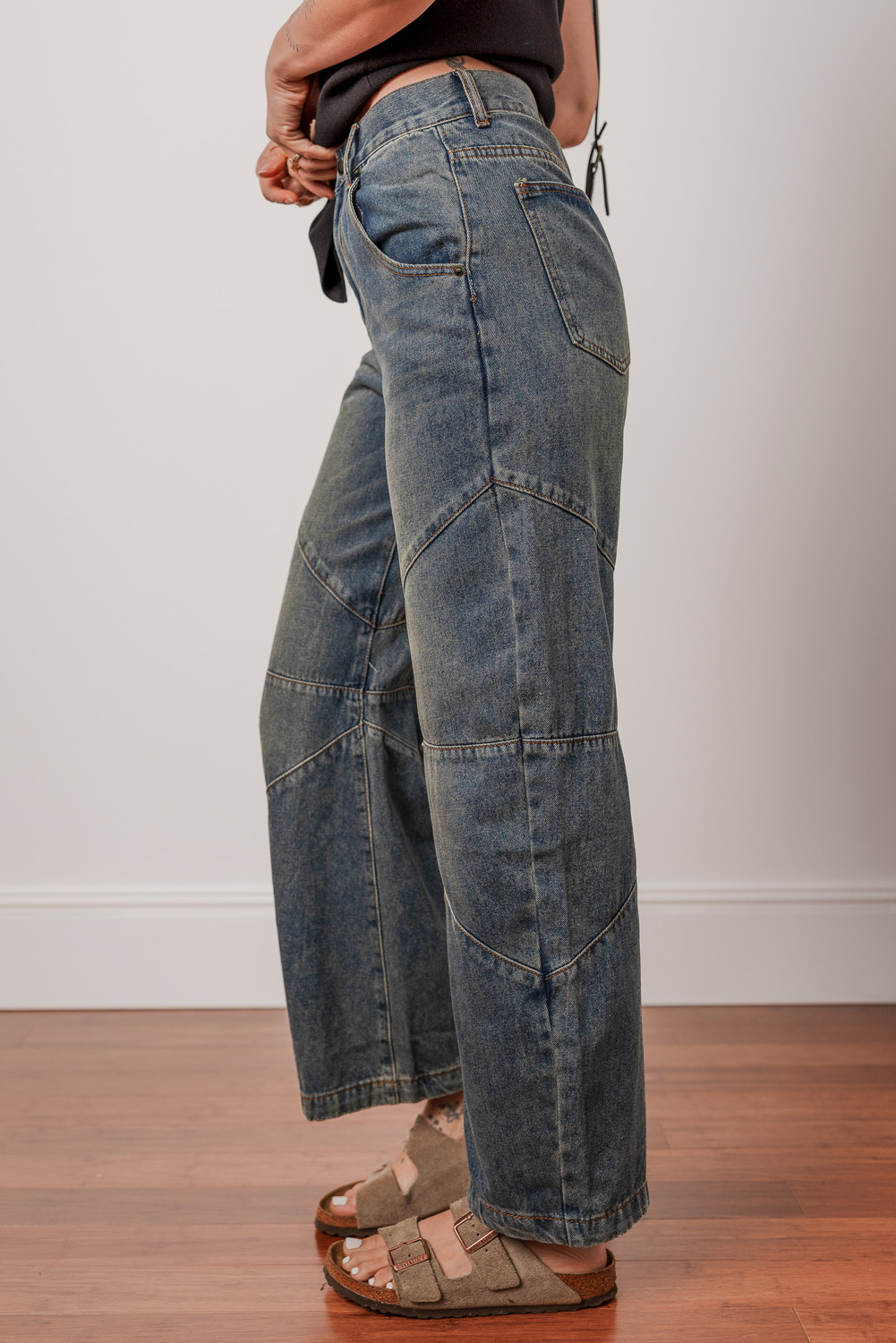 Stylish High Waist Denim Jeans with Unique Exposed Stitching - Sail Blue - Detail View 2 Stylish High Waist Denim Jeans with Unique Exposed Stitching - Sail Blue - Detail View 2
