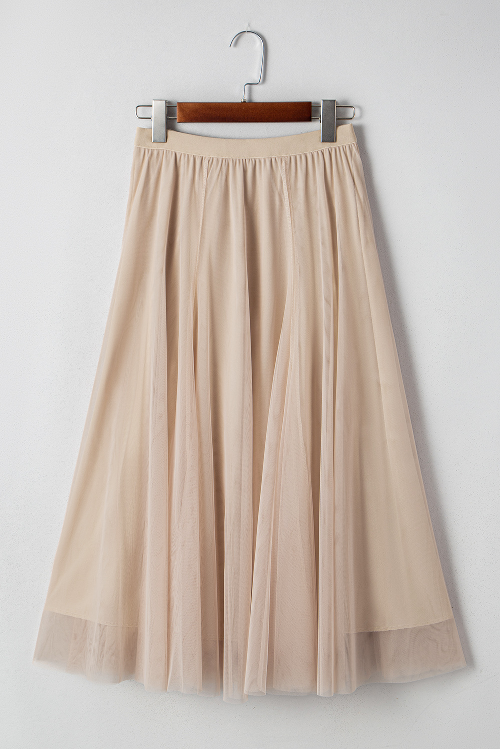 Women's Casual Apricot Tulle Long Skirt – Sheer Mesh Overlay Flared Midi Skirt for Daily Wear - Detail View 12 Women's Casual Apricot Tulle Long Skirt – Sheer Mesh Overlay Flared Midi Skirt for Daily Wear - Detail View 12