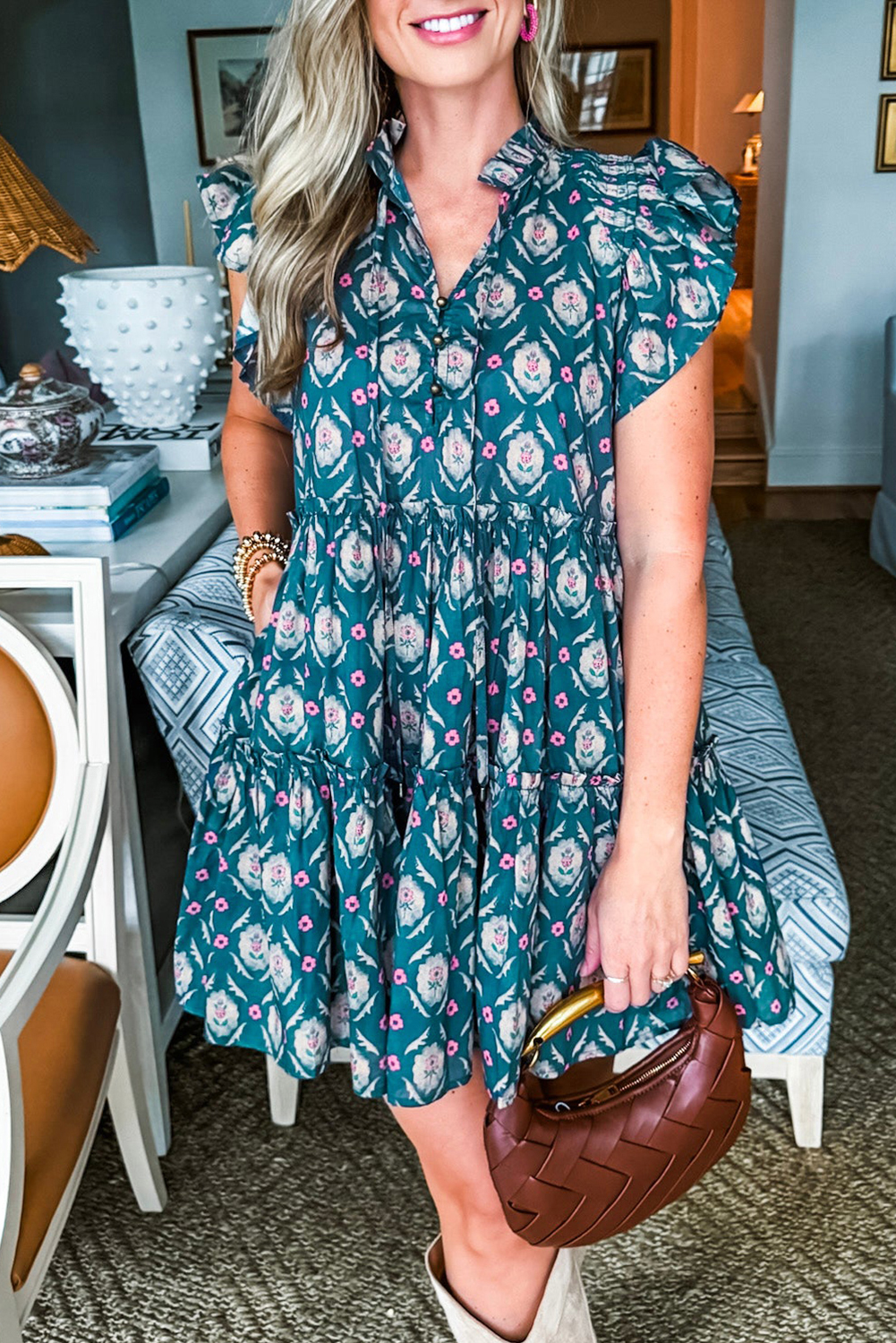 Stylish Summer Mini Dress with Cap Sleeves - Retro Floral Print and High Waist - Detail View 7 Stylish Summer Mini Dress with Cap Sleeves - Retro Floral Print and High Waist - Detail View 7