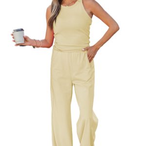Women's Yellow Cream Ribbed Tank Top and High Waist Sweatpants Set – Casual 2-Piece Outfit - Main View