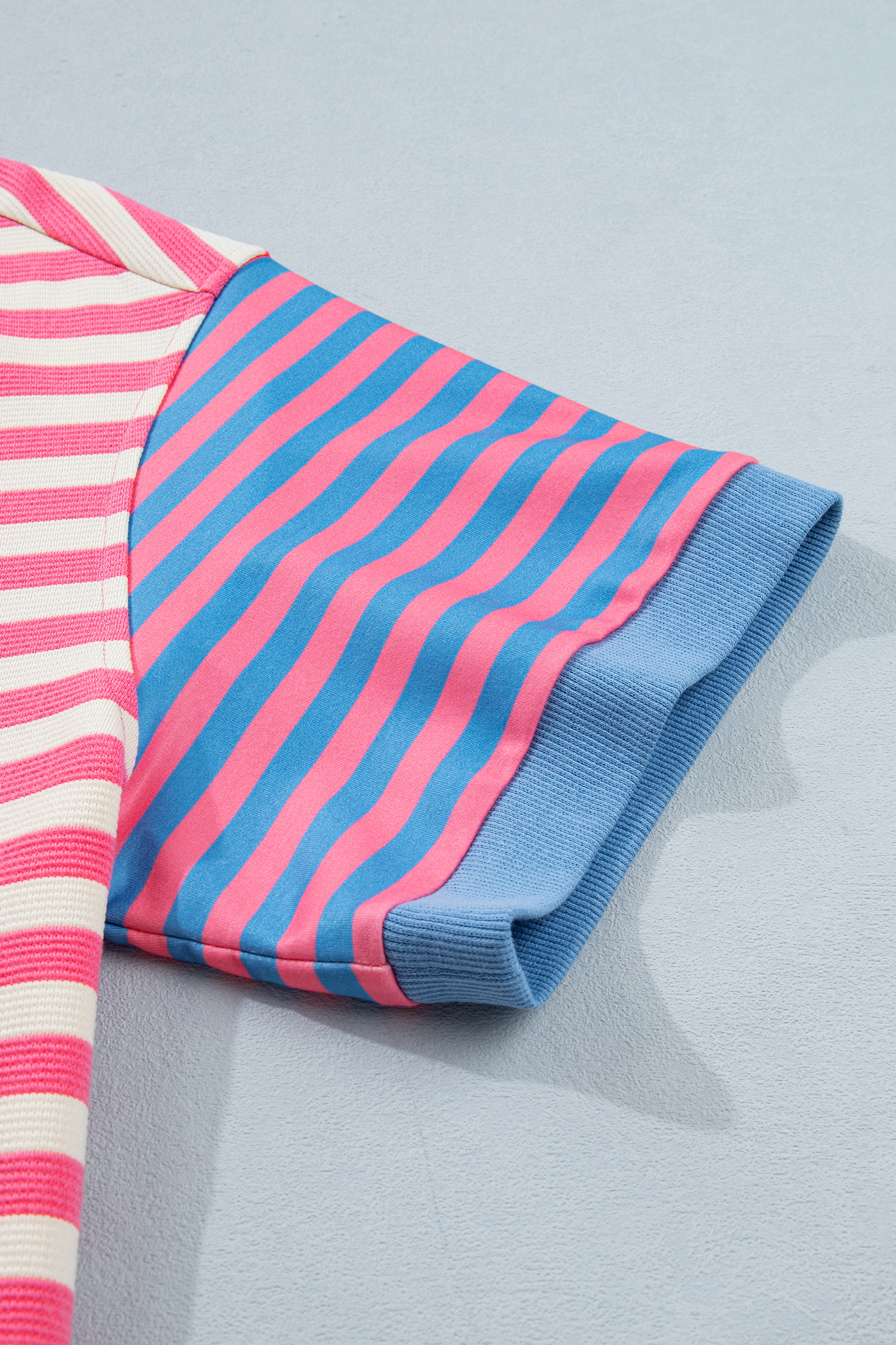 Women's Pink Stripe Short Sleeve Tee – Contrast Patchwork - Detail View 11 Women's Pink Stripe Short Sleeve Tee – Contrast Patchwork - Detail View 11