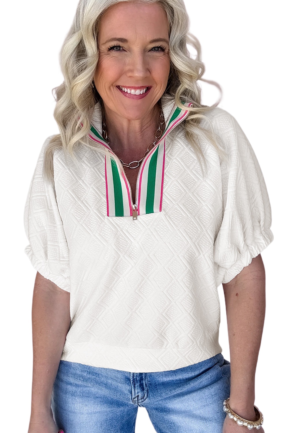 Elegant Women's White Contrast Striped Collar Textured Half Sleeve Blouse - Main View Elegant Women's White Contrast Striped Collar Textured Half Sleeve Blouse - Main View