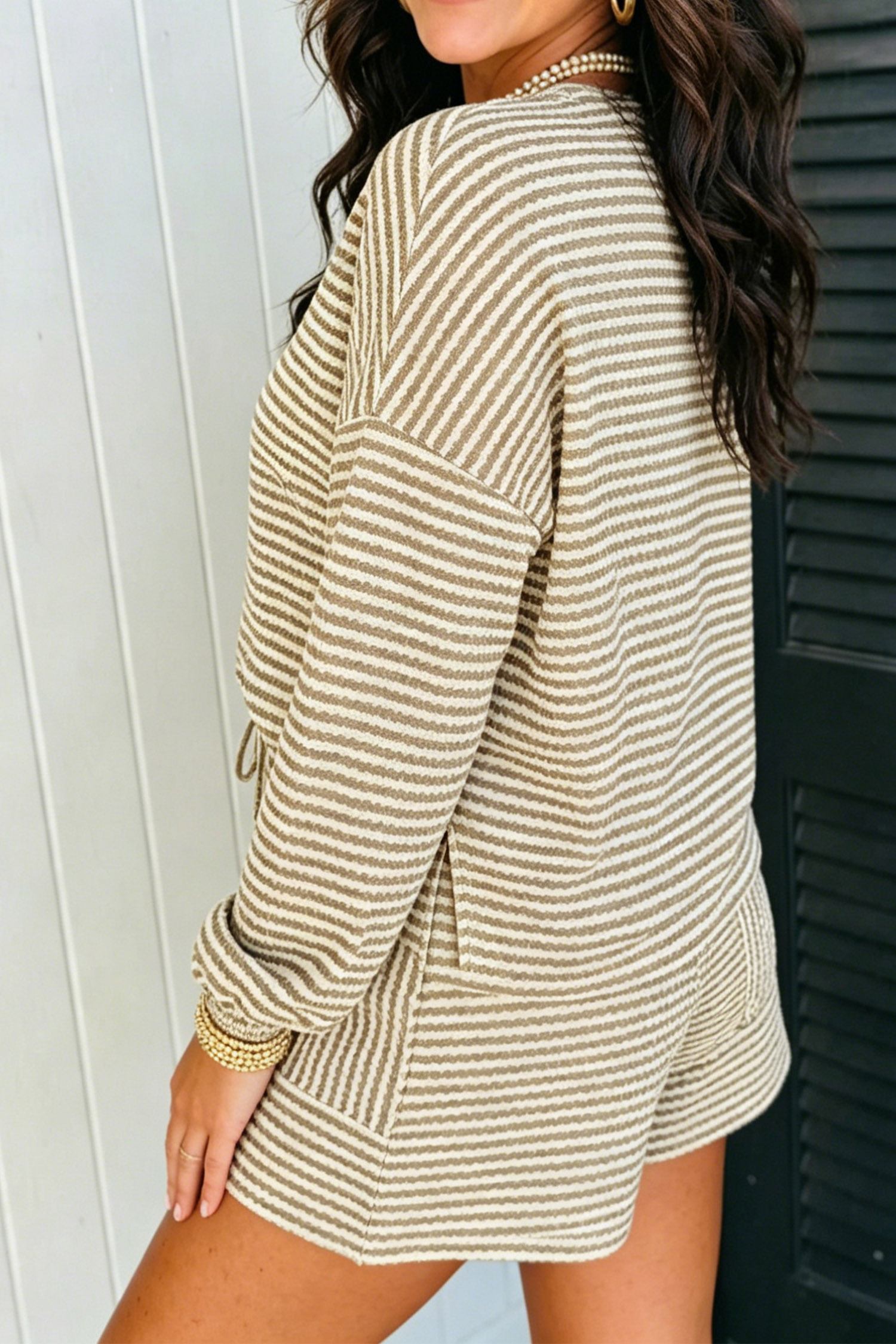 Casual Brown Striped Two Piece Set, Textured Knit Shorts Set - Detail View 2 Casual Brown Striped Two Piece Set, Textured Knit Shorts Set - Detail View 2