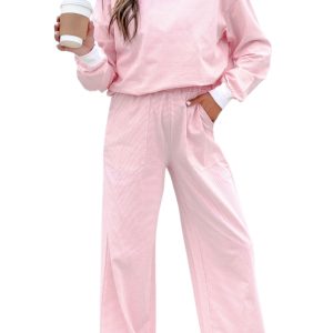 Women's Pink Striped Lounge Set, Casual Mock Neck Outfit - Main View