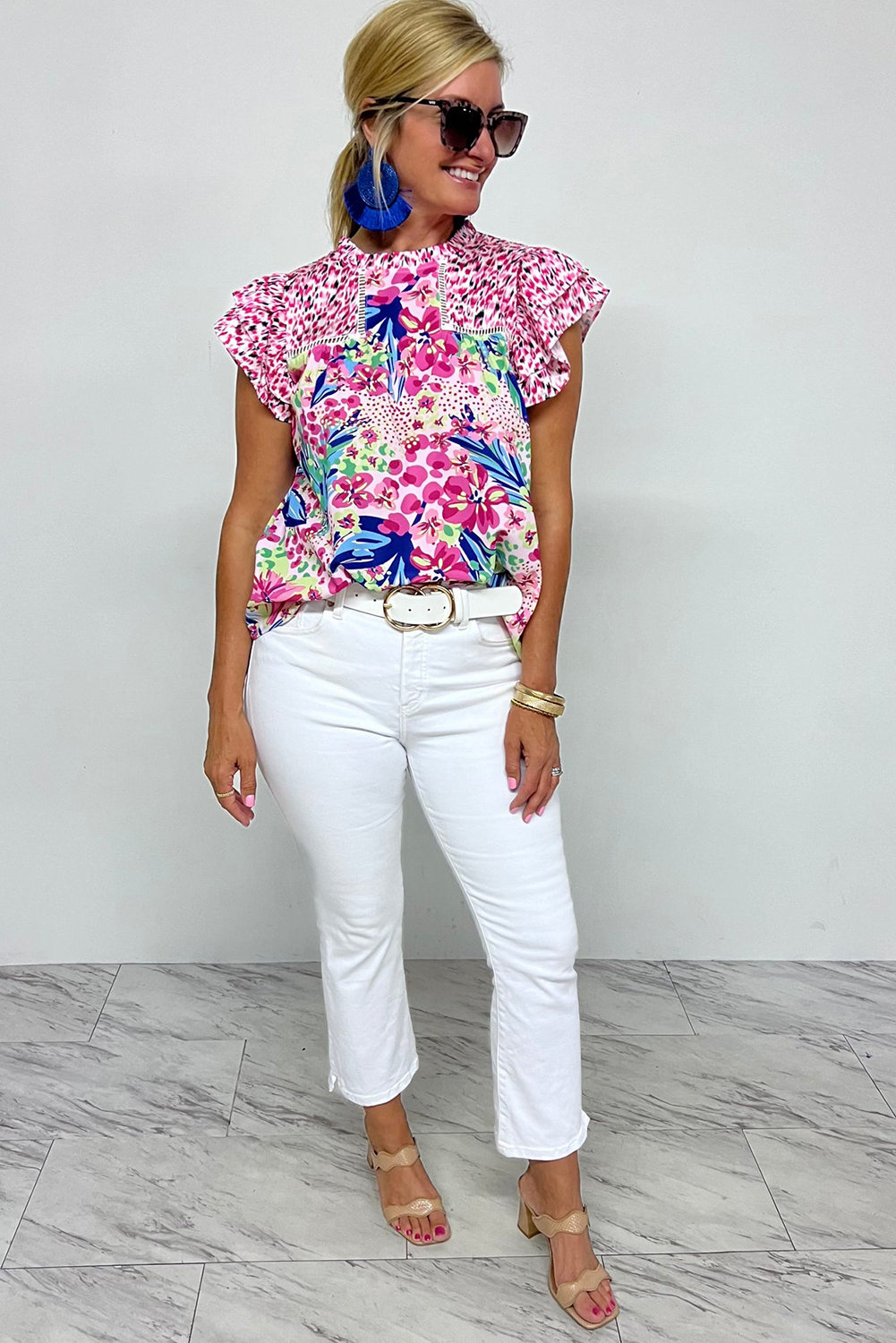 Chic Round Neck Blouse with Ruffled Cap Sleeves - Vibrant Floral Print - Detail View 10 Chic Round Neck Blouse with Ruffled Cap Sleeves - Vibrant Floral Print - Detail View 10