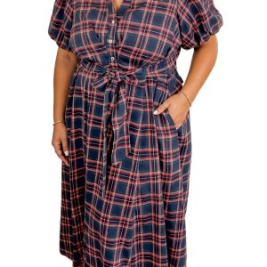 Women's Plaid Maxi Dress, Casual Short Sleeve Belted Style - Main View