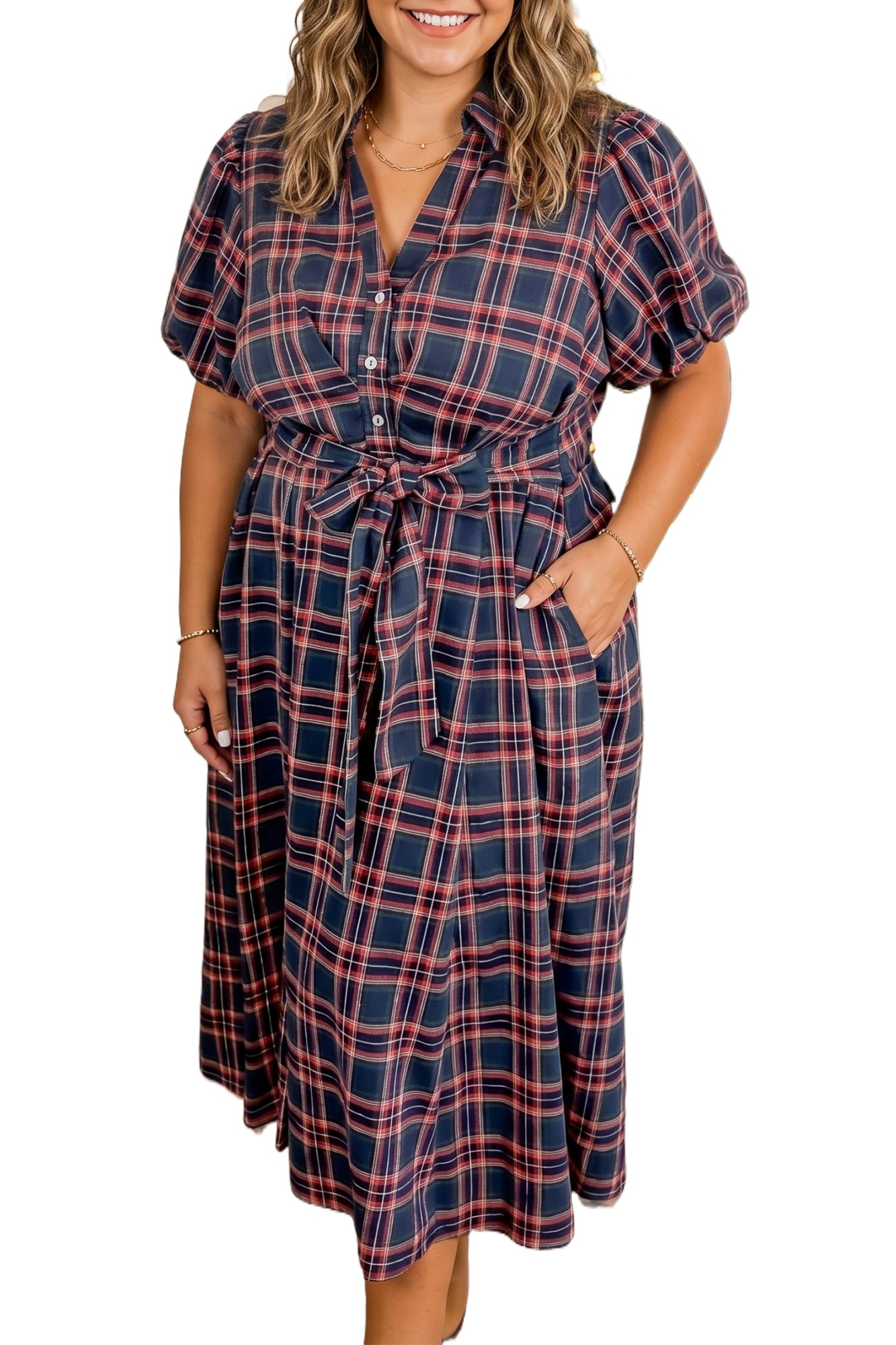 Women's Plaid Maxi Dress, Casual Short Sleeve Belted Style - Main View Women's Plaid Maxi Dress, Casual Short Sleeve Belted Style - Main View