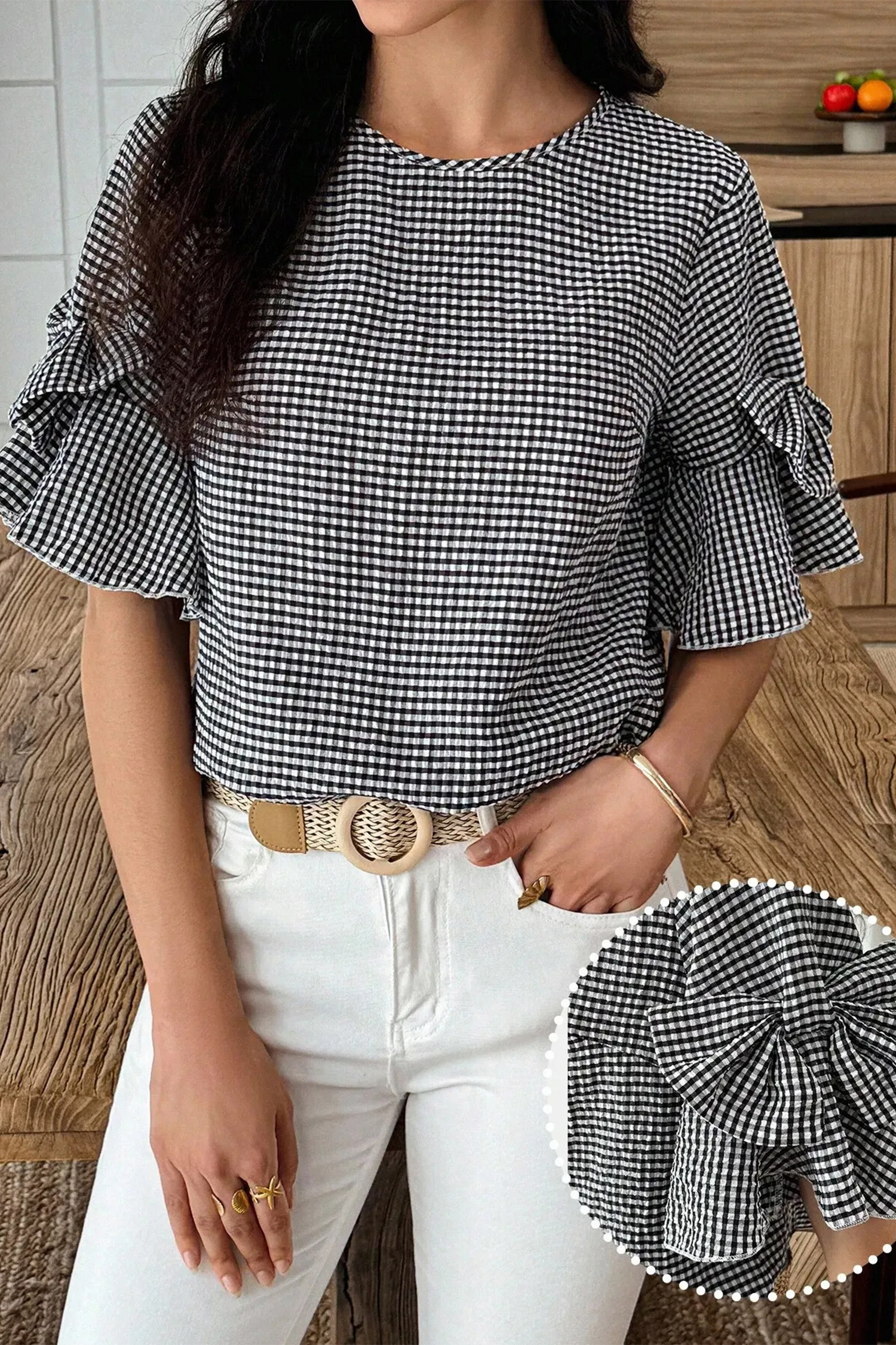 Women's Black Plaid Ruffled Blouse – Casual Half Sleeve Round Neck Top, Stylish Gift for Her - Detail View 15 Women's Black Plaid Ruffled Blouse – Casual Half Sleeve Round Neck Top, Stylish Gift for Her - Detail View 15