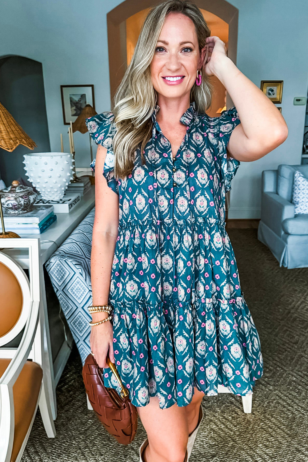 Chic Split Neck A-Line Dress: Playful Ruffle Sleeves and Vintage Floral Design - Detail View 10 Chic Split Neck A-Line Dress: Playful Ruffle Sleeves and Vintage Floral Design - Detail View 10