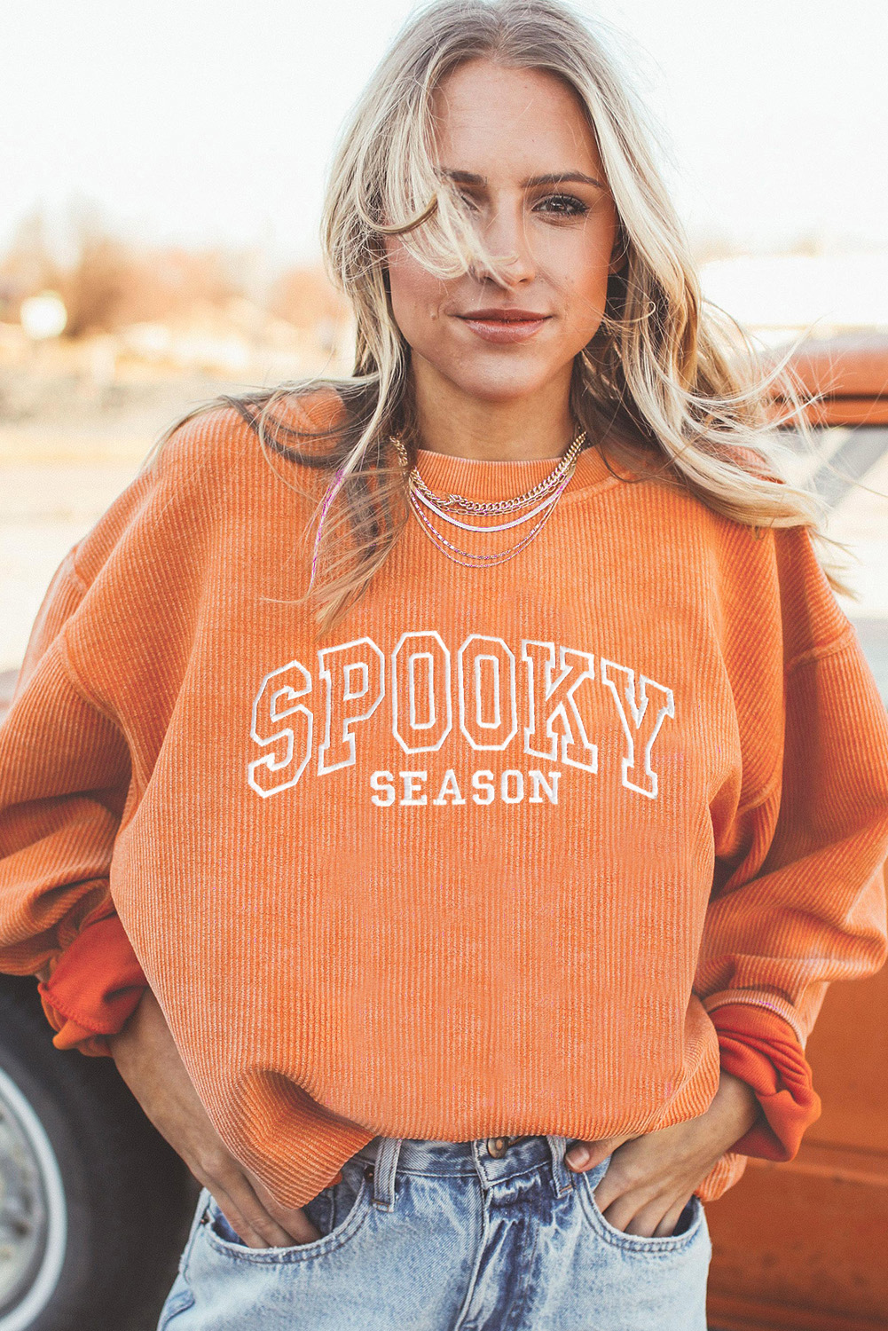 Casual Long Sleeve Round Neck Sweatshirt - Spooky Season Letter Graphic in Orange - Detail View 6 Casual Long Sleeve Round Neck Sweatshirt - Spooky Season Letter Graphic in Orange - Detail View 6