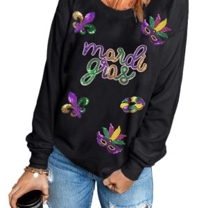 Women's Black Sequin Fleur de Lis Graphic Pullover Sweatshirt for Mardi Gras - Main View