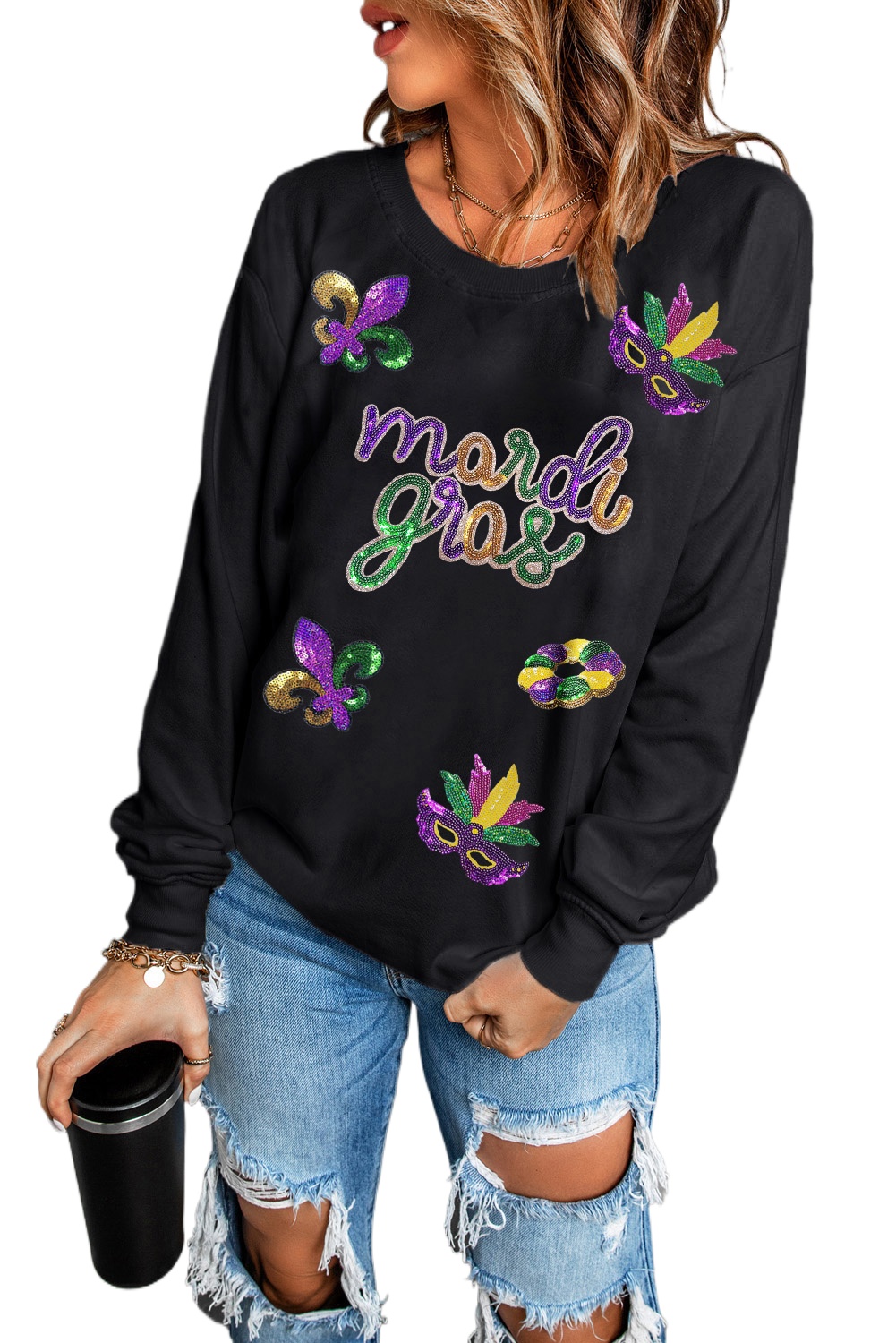 Women's Black Sequin Fleur de Lis Graphic Pullover Sweatshirt for Mardi Gras - Main View Women's Black Sequin Fleur de Lis Graphic Pullover Sweatshirt for Mardi Gras - Main View