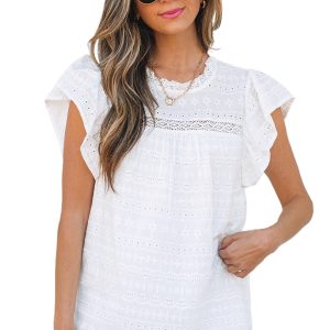 Women's White Lace Neckline Flutter Sleeve Blouse with Eyelet Details - Main View