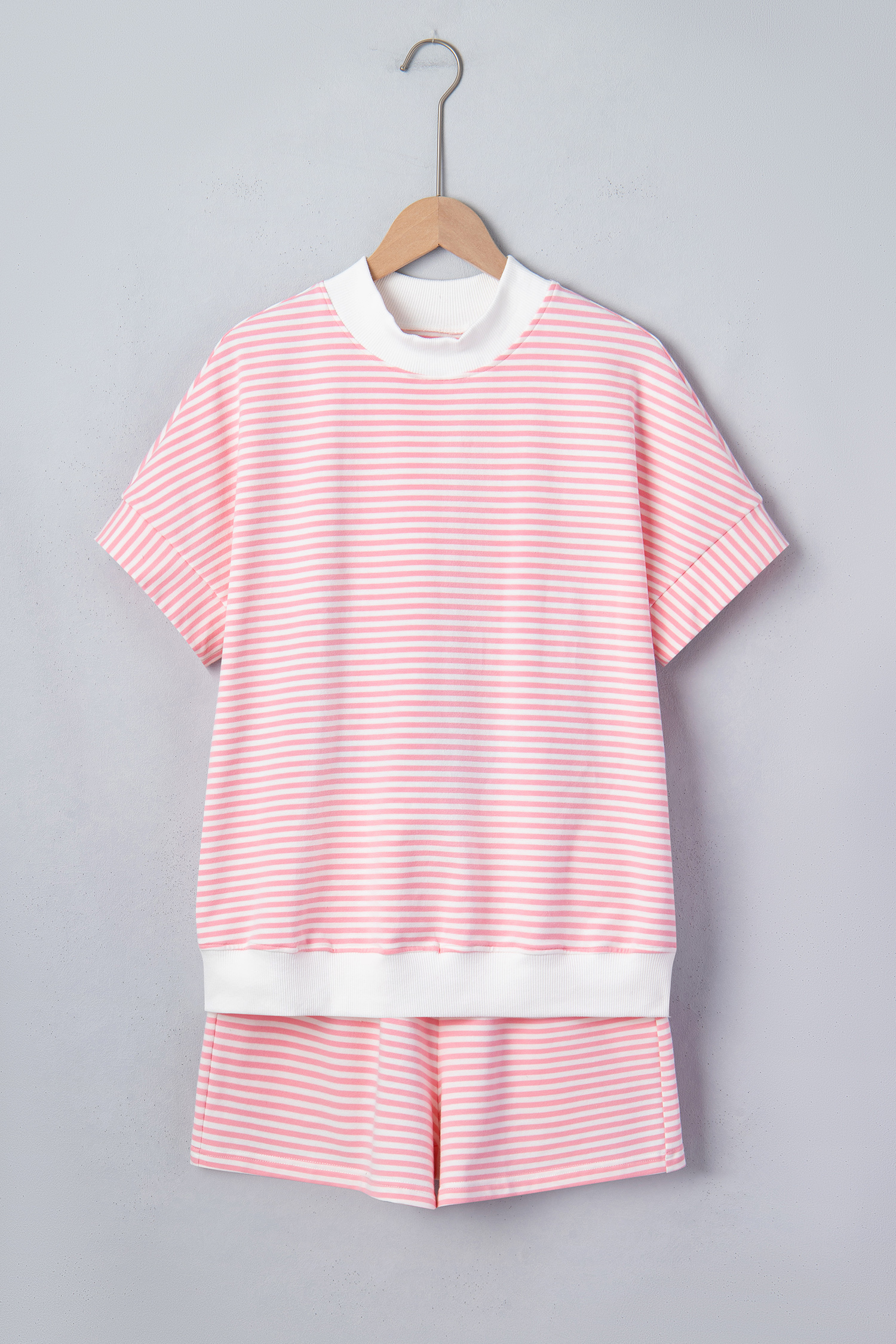 Women's Summer Lounge Set – Pink Striped Mock Neck Tee and Shorts, Comfortable 2-Piece Outfit - Detail View 3 Women's Summer Lounge Set – Pink Striped Mock Neck Tee and Shorts, Comfortable 2-Piece Outfit - Detail View 3