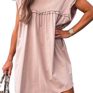 Chic Women's Oatmeal Frilled Trim Crew Neck Loose Fit Mini Dress - Main View