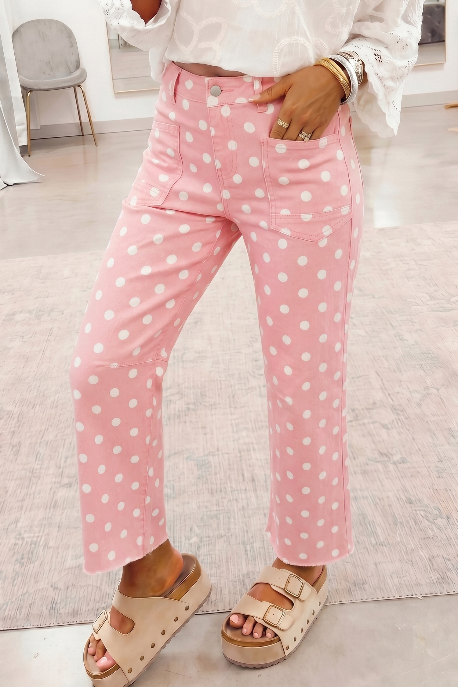 High Waisted Pink Denim Jeans, Playful Polka Dot Casual Pants - Detail View 5 High Waisted Pink Denim Jeans, Playful Polka Dot Casual Pants - Detail View 5