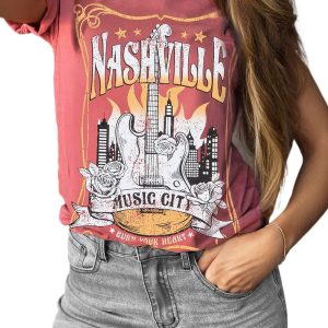 Women's Mineral Red Nashville Music City Graphic Retro Fashion Tee - Main View