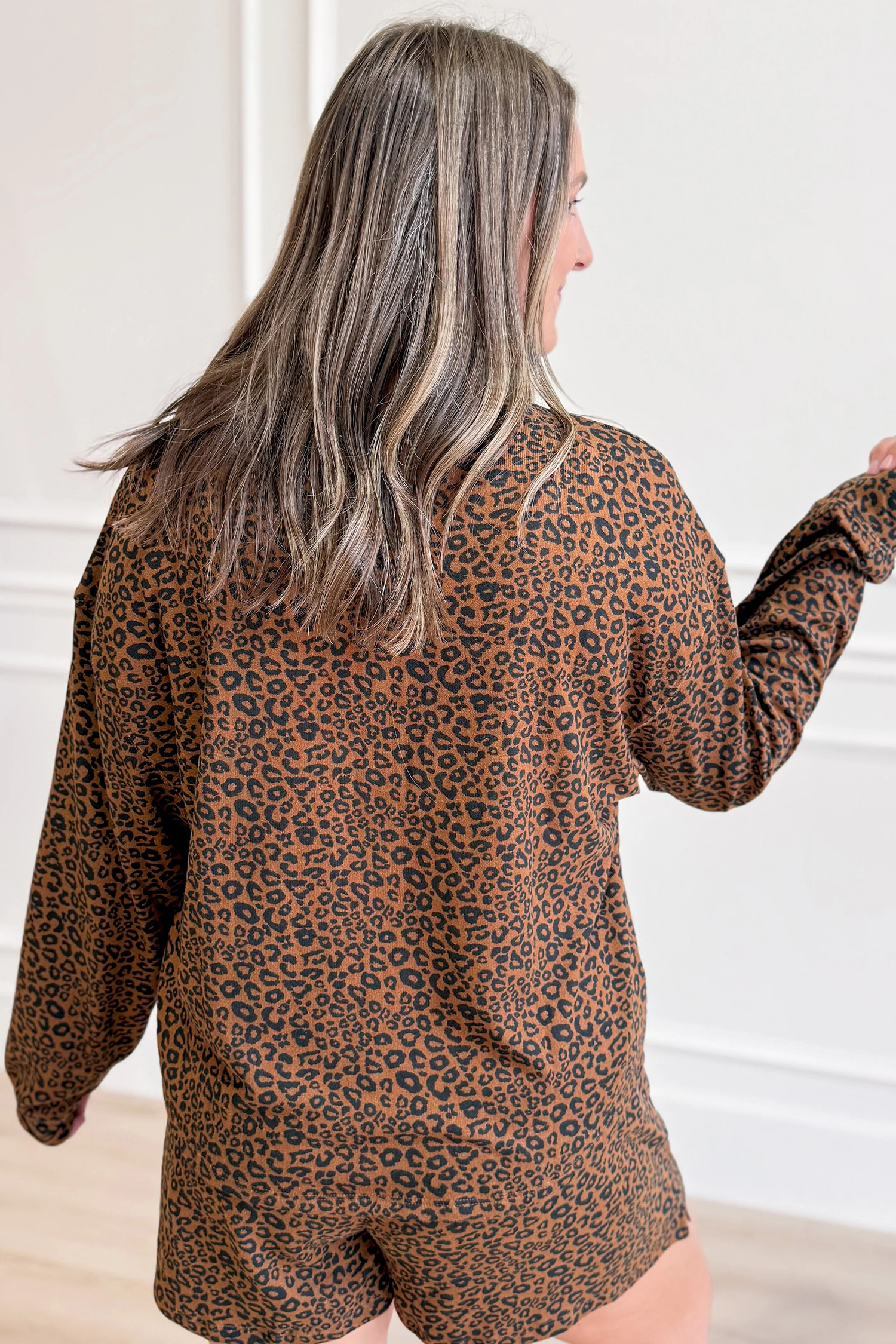 Leopard Print Henley Lounge Set, Comfortable Two Piece Outfit - Detail View 2 Leopard Print Henley Lounge Set, Comfortable Two Piece Outfit - Detail View 2