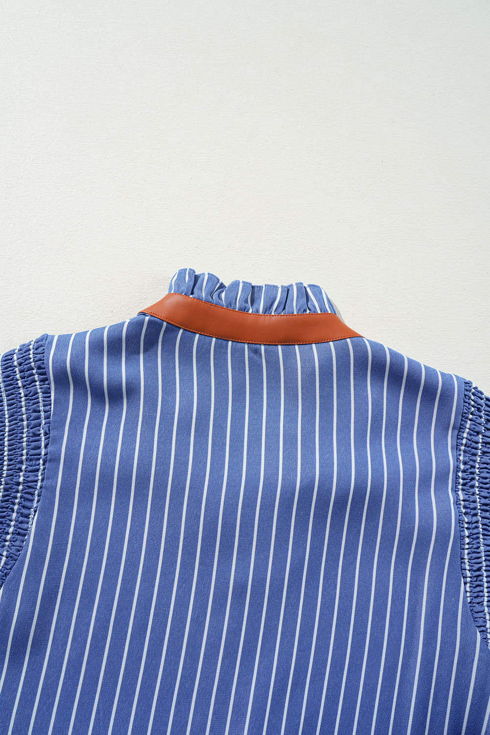 Playful Sky Blue Striped Short Dress with Ruffled Sleeves and Faux Leather Neck Trim - Detail View 10 Playful Sky Blue Striped Short Dress with Ruffled Sleeves and Faux Leather Neck Trim - Detail View 10