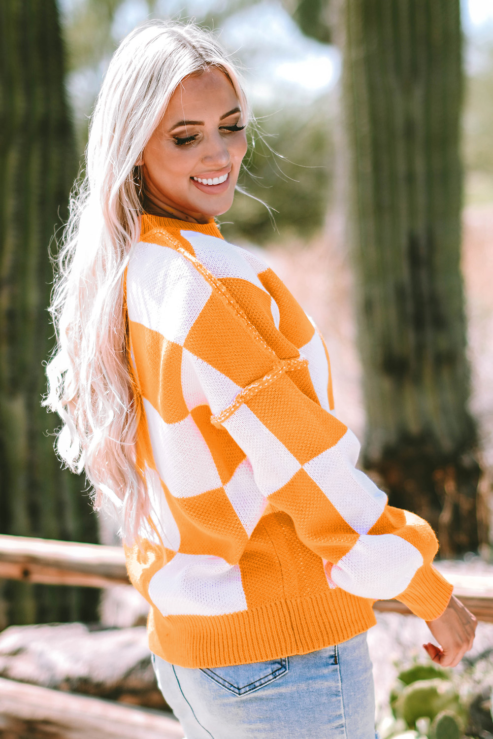 Women's Orange Checkered Bishop Sleeve Sweater – Cozy Casual Style for Fall Days - Detail View 7 Women's Orange Checkered Bishop Sleeve Sweater – Cozy Casual Style for Fall Days - Detail View 7