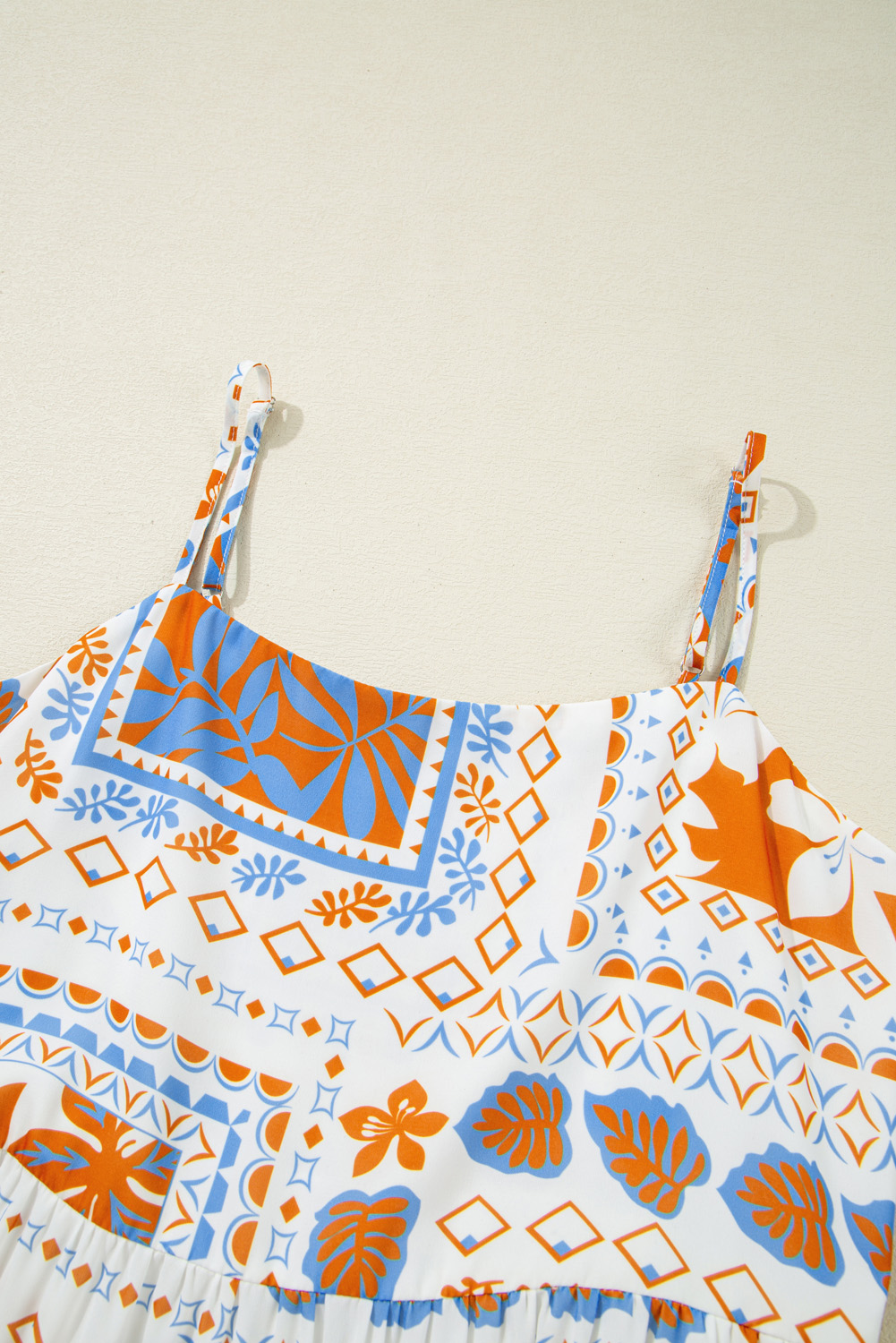 Women's Orange Multi Printed Maxi Dress with Ricrac Trim and Spaghetti Straps - Detail View 13 Women's Orange Multi Printed Maxi Dress with Ricrac Trim and Spaghetti Straps - Detail View 13