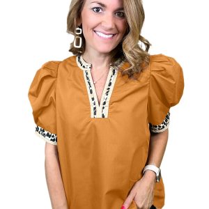 Women's Buckskin Puff Sleeve Blouse with Leopard Trim – Chic Daily Wear for Fall - Main View