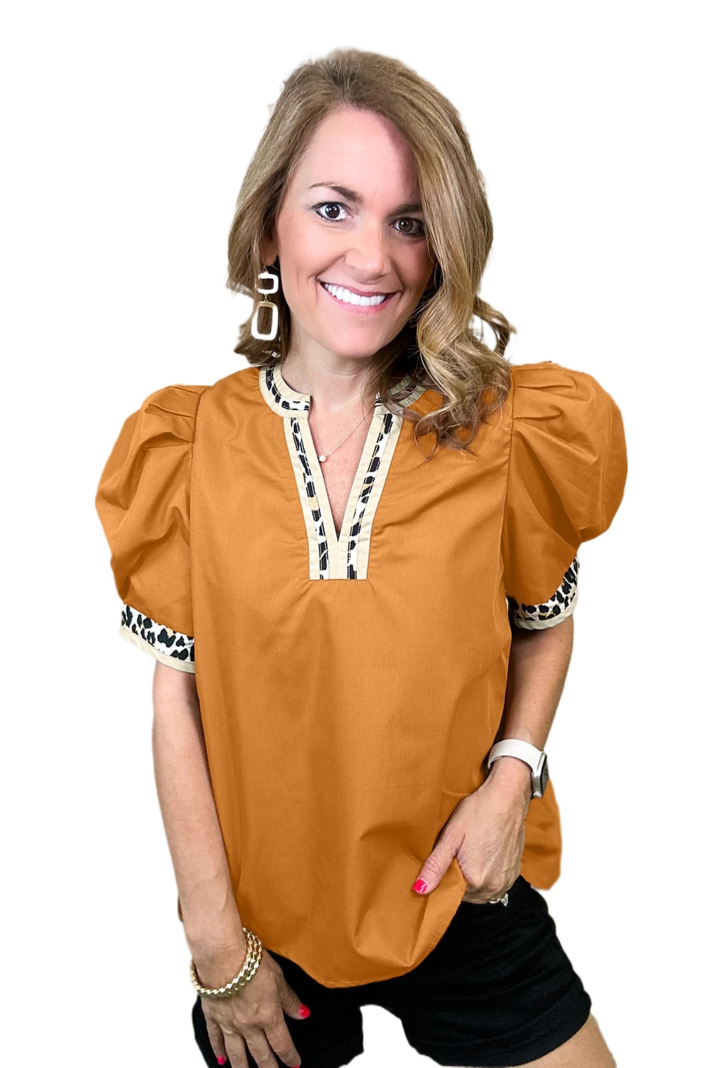 Women's Buckskin Puff Sleeve Blouse with Leopard Trim – Chic Daily Wear for Fall - Main View Women's Buckskin Puff Sleeve Blouse with Leopard Trim – Chic Daily Wear for Fall - Main View