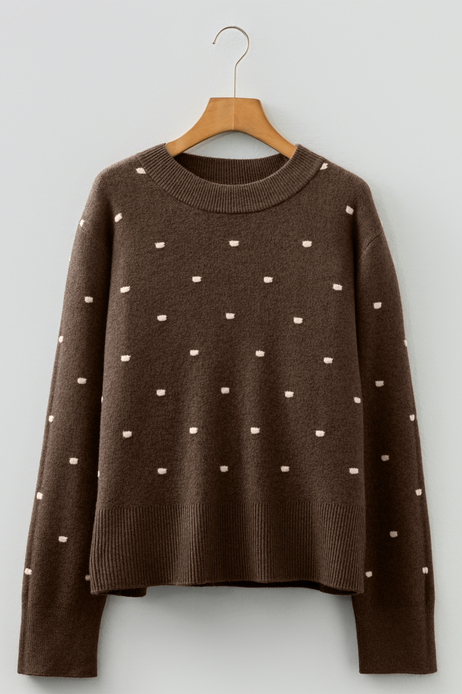 Cozy Women's Brown Dotted Print Sweater – Long Sleeve for Fall Outings - Detail View 2 Cozy Women's Brown Dotted Print Sweater – Long Sleeve for Fall Outings - Detail View 2