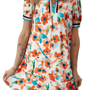 Women's Orange Contrast Trim Floral Puff Sleeve Mini Dress with Split Neck - Main View
