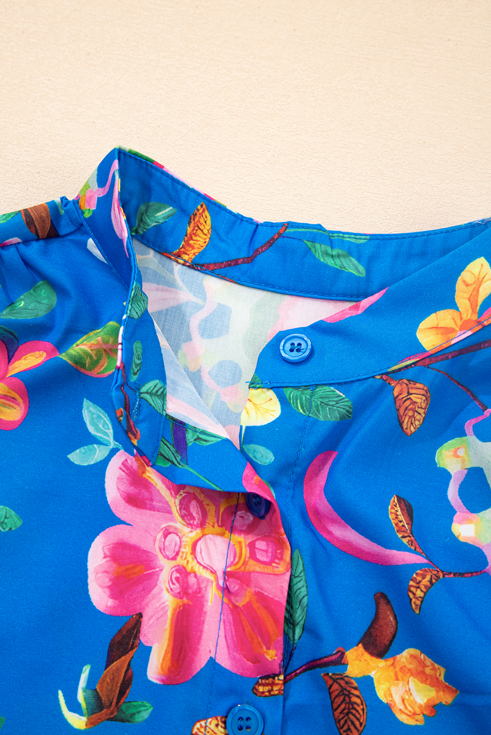 Women's Blue Floral Short Puff Sleeve Button Up Shirt - Summer Elegance - Detail View 9 Women's Blue Floral Short Puff Sleeve Button Up Shirt - Summer Elegance - Detail View 9