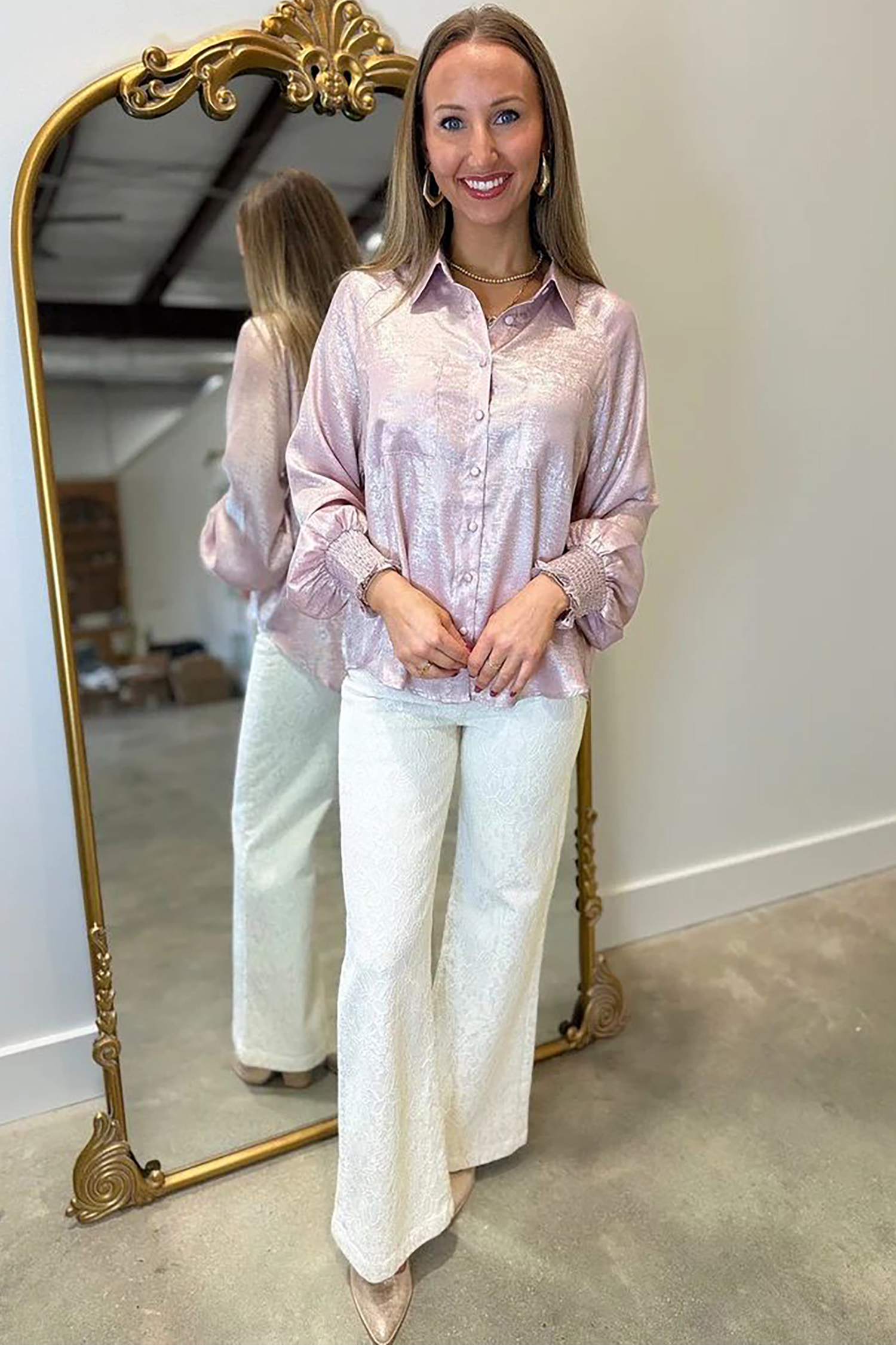 Metallic Ruffle Cuff Blouse, Women's Fall Office Button Shirt - Detail View 8 Metallic Ruffle Cuff Blouse, Women's Fall Office Button Shirt - Detail View 8
