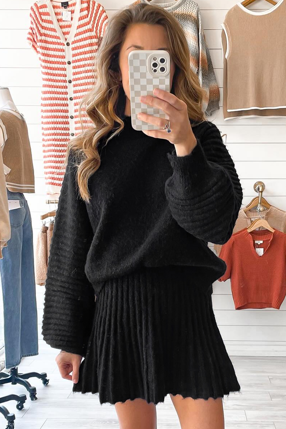 Chic Black High Neck Sweater with Puff Sleeves & Pleated Mini Skirt – Stylish Daily Wear for Women - Detail View 2 Chic Black High Neck Sweater with Puff Sleeves & Pleated Mini Skirt – Stylish Daily Wear for Women - Detail View 2