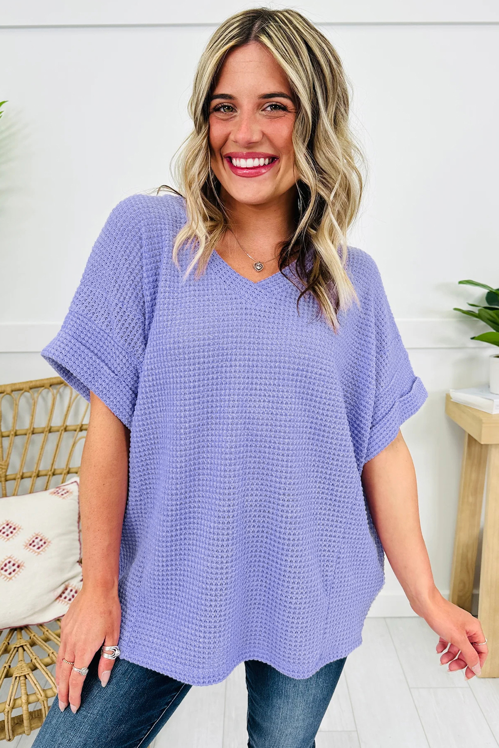 Women's Wisteria Waffle Knit Top – Chic V Neck Short Sleeve for Daily Wear - Detail View 5 Women's Wisteria Waffle Knit Top – Chic V Neck Short Sleeve for Daily Wear - Detail View 5
