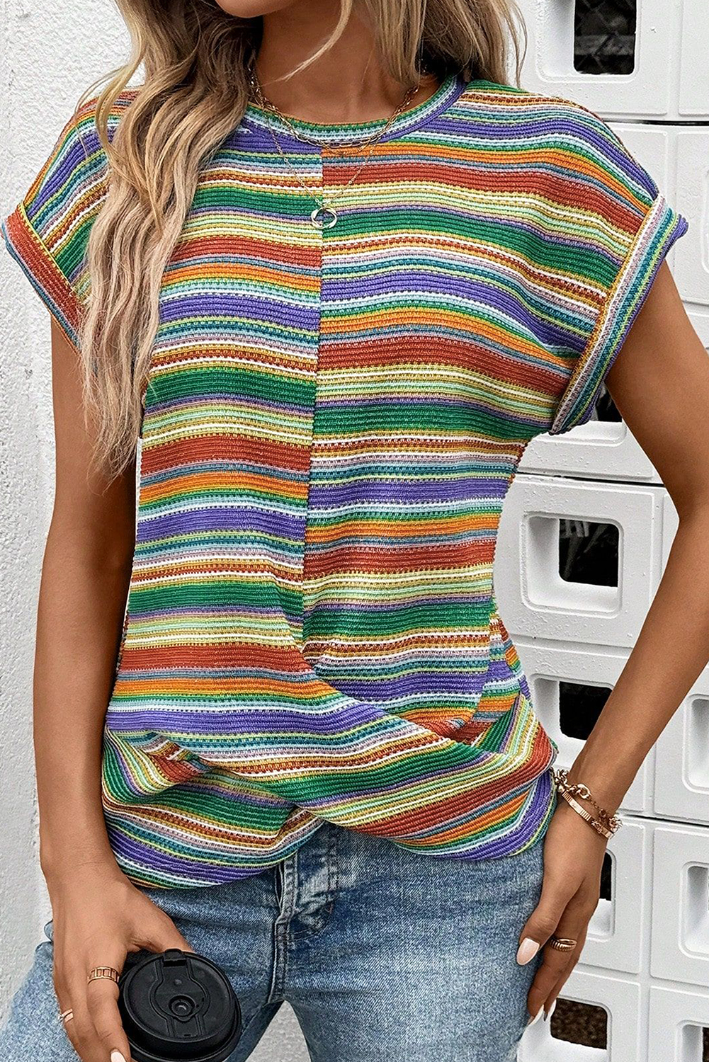 Casual Women's Short Sleeve Top - Colorful Stripes and Round Neck Design - Detail View 3 Casual Women's Short Sleeve Top - Colorful Stripes and Round Neck Design - Detail View 3