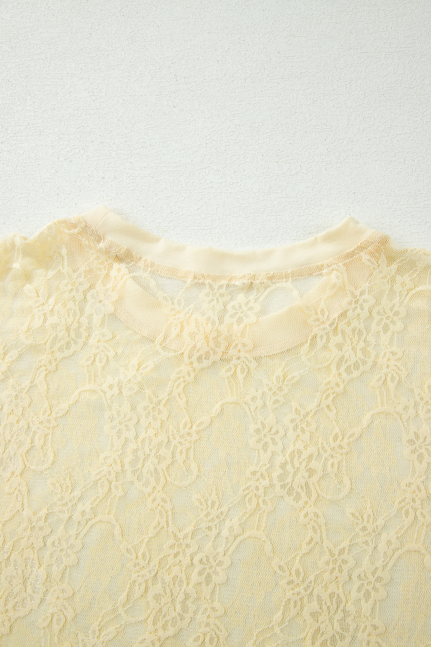 Women's Sheer Floral Lace Short Sleeve Tee, Yellow Cream Round Neck Shift Top for Night Out - Detail View 11 Women's Sheer Floral Lace Short Sleeve Tee, Yellow Cream Round Neck Shift Top for Night Out - Detail View 11